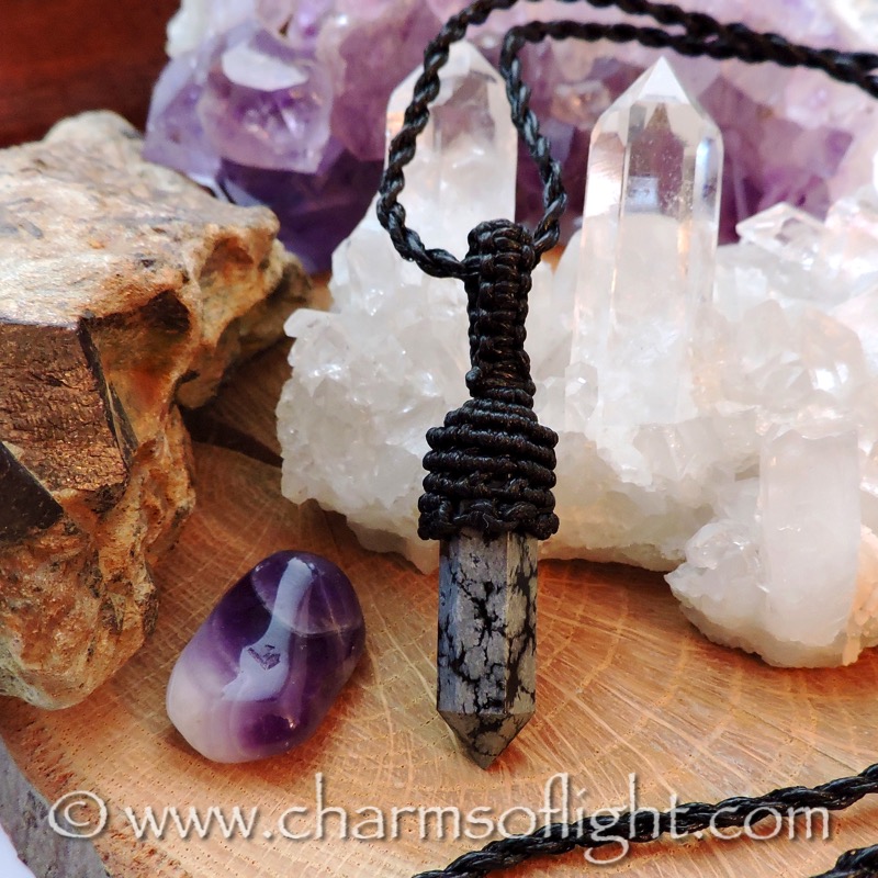 Snowflake Obsidian Point Macrame Necklace